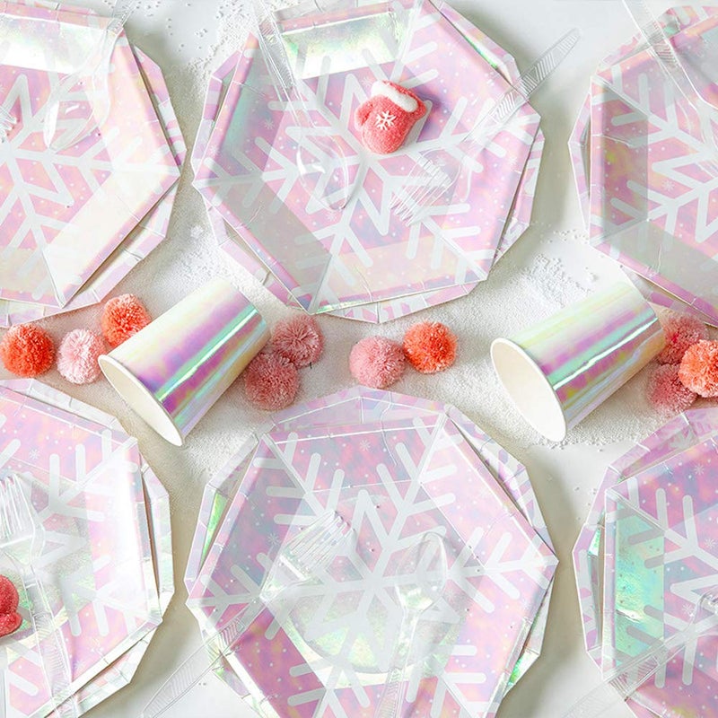 Ipalmay Christmas Snowflake Party Supplies Set Serves 16, Iridescent Pink Themed Party Supplies, Snowflake Paper Plates, Paper Napkins, Paper Cups Straws Spoons Forks - Image 2